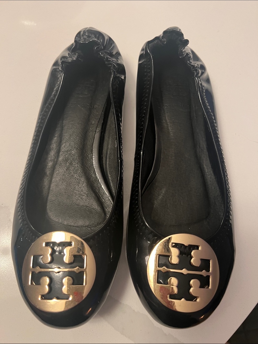 Tory Burch Black Patent Ballet Flats with Gold Logo Medallion